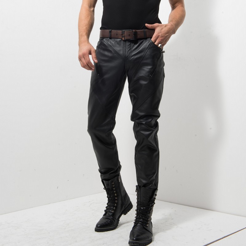 

Italian Brand Men Genuine Leather Rock Stage Show Skinny Pants Motor Biker Pantalon Homme Zipper Fashion New Slim Male Trousers, Black