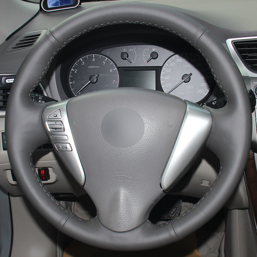 Dark Gray Leather Car Steering Wheel Cover for Nissan Tiida Sylphy Sentra Versa Note 2014-2017-image-441794804