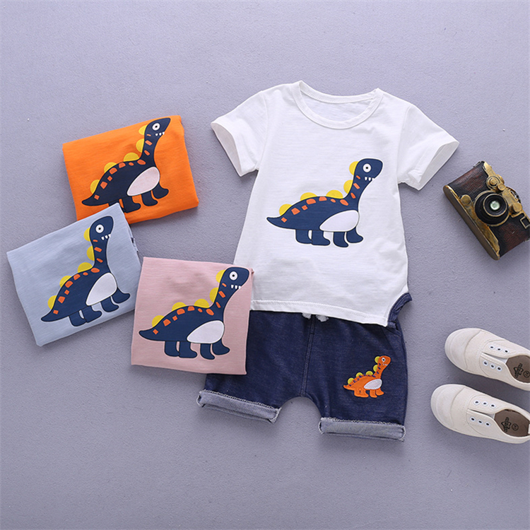 

kids clothes 4 colors Summer T-shirt + Shorts 2 Piece Sets kids designer clothes Short Sleeve Dinosaur T-shirt Denim Shorts JY138, As pics show