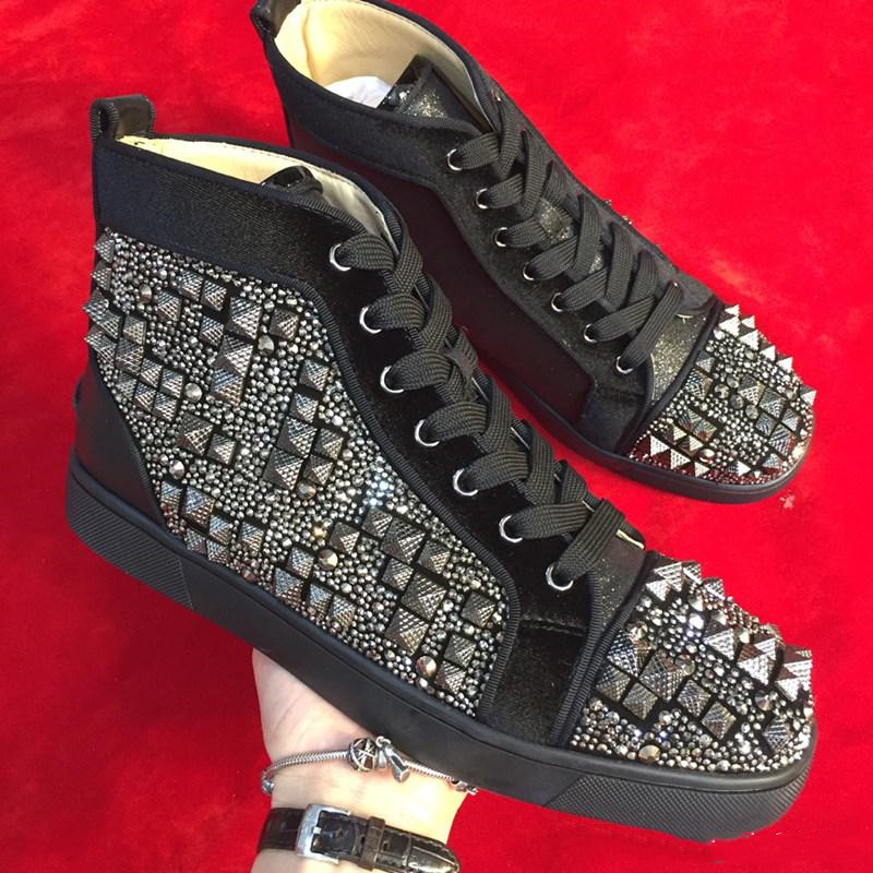 19 W luxueux Loubitag Max Stud Casual Plat Strass Strass mixte Haute-top Hommes Femmes Rouge Fond Sneakers Chaussures-partie de mariage