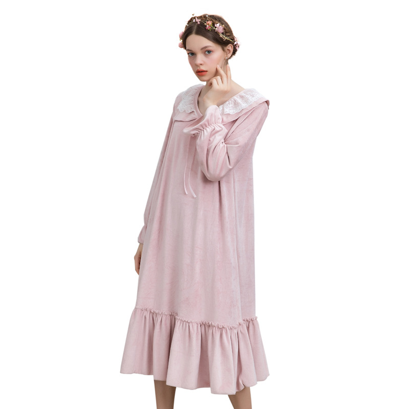 

New Princess Flannel Ladies Nightdress Cute Long Long-sleeved Japanese Coral Fleece Female Autumn and Winter Suits, Pink