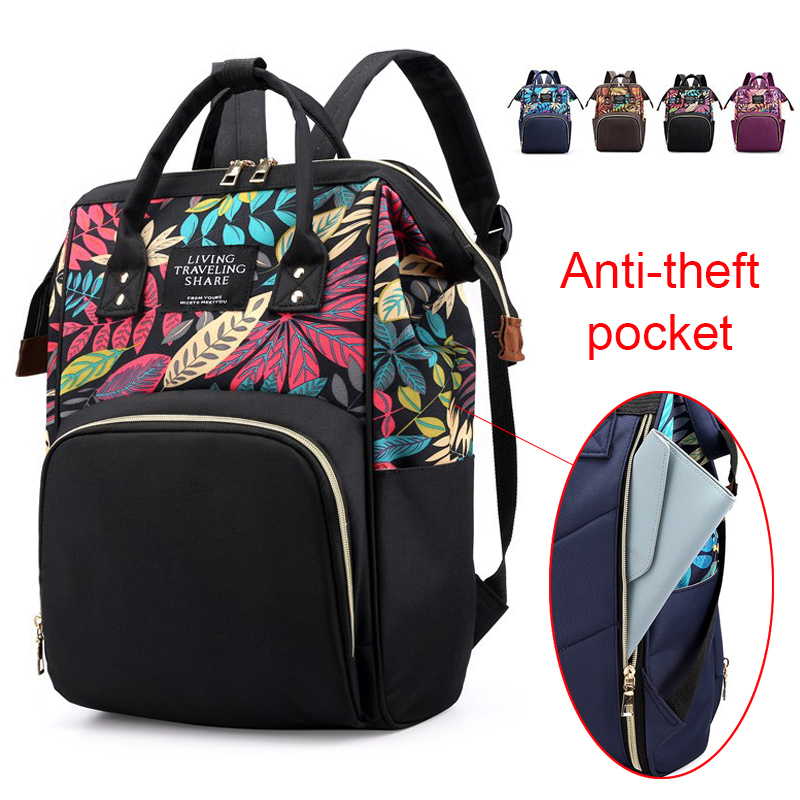 

Anti-theft Design Floral Pattern Baby Diaper Bag Backpack Fashion Mochila Maternidade Colorful Baby Bags for Mom Nursing Bags, Black