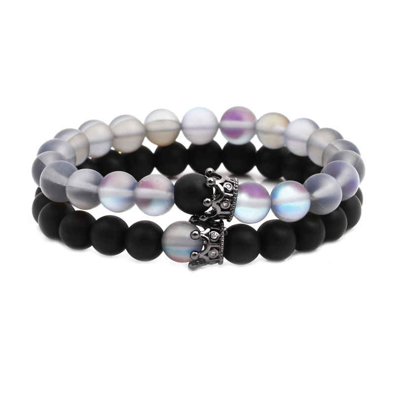 

8mm Crown King Charm Bracelet for Men Women Black Matte Onyx Stone Beads