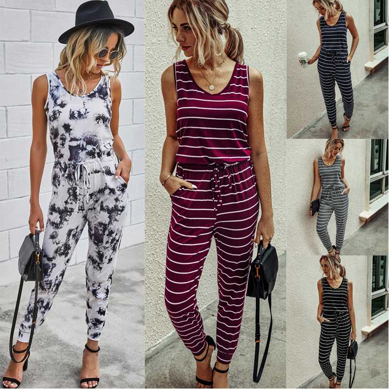 

Dropship Striped One Piece Jumpsuit Sexy Sleeveless jumpsuit women long 2020 Sleeveless Womens Jumpsuits Overalls, Black;white