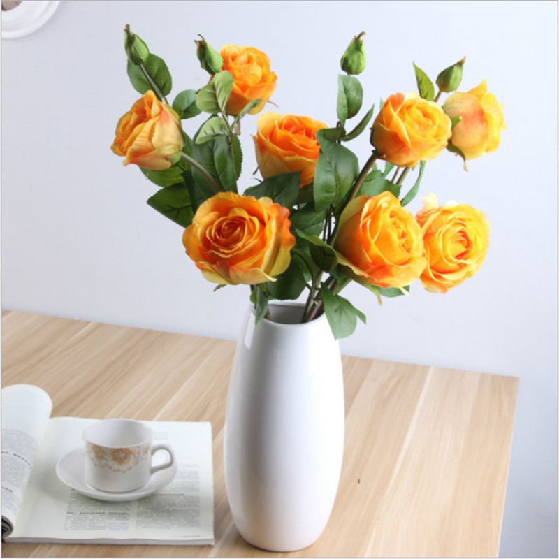 

3 head Champagne Roses Artificial Flower Wedding Scene Layout Flowers Living Room Desk Home Decoration Fake Flower Accessories, Yellow