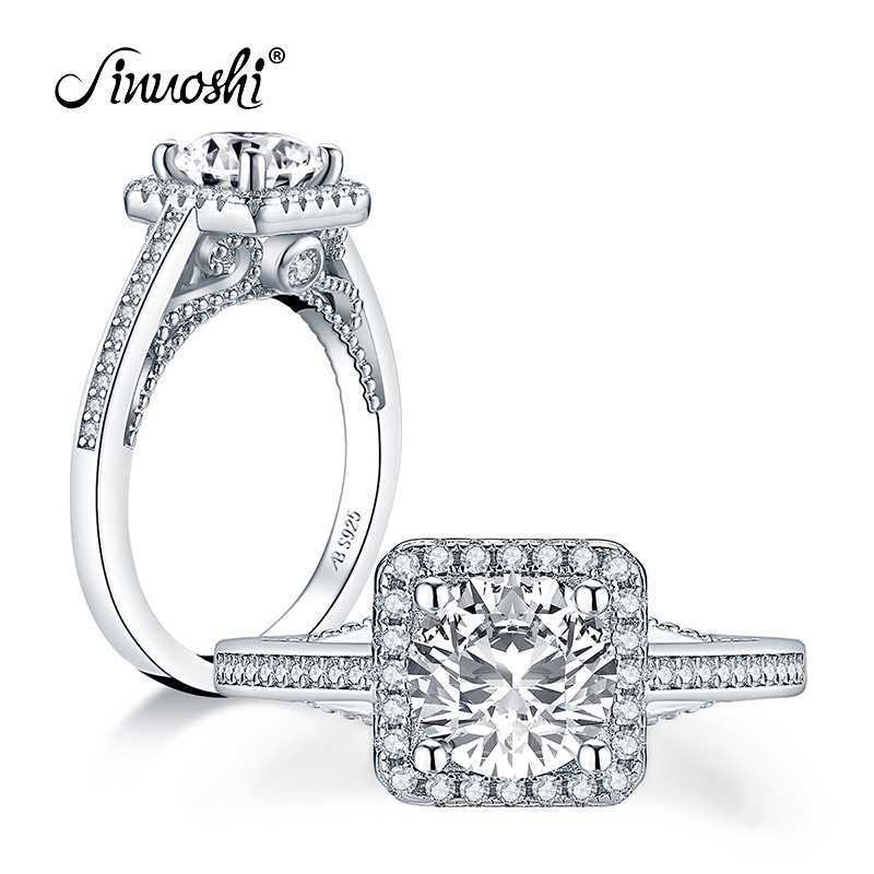 

AINUOSHI Trendy 925 Sterling Silver 1.25 CT Round Cut Halo Ring Engagement Simulated Diamond Wedding Silver Square Rings Jewelry Y200106