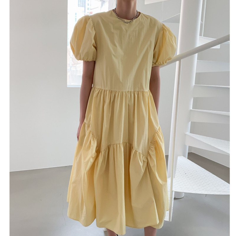 

EWQ] 2020 New Summer Fashion Women Big Hem Yellow Ruffles Dress Vintage Loose High Waist Elegant Folds Puff Sleeve Maxi Dresses, Black