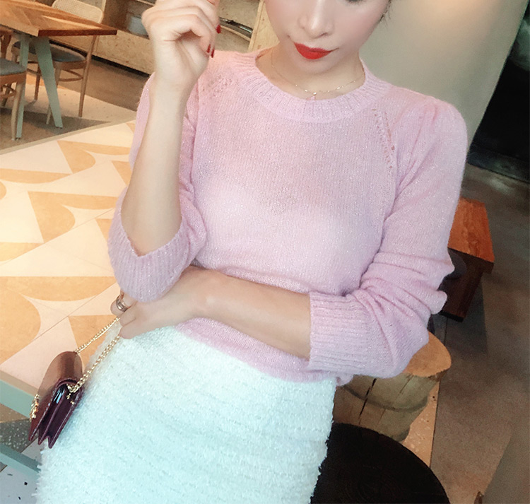 

Ladies Solid Pink Color Long Sleeve O Neck Knitted Sweater With Lurex - 2019 Fall Latest Wool Mohair Blend Pullover Jumper, Pink as real pic