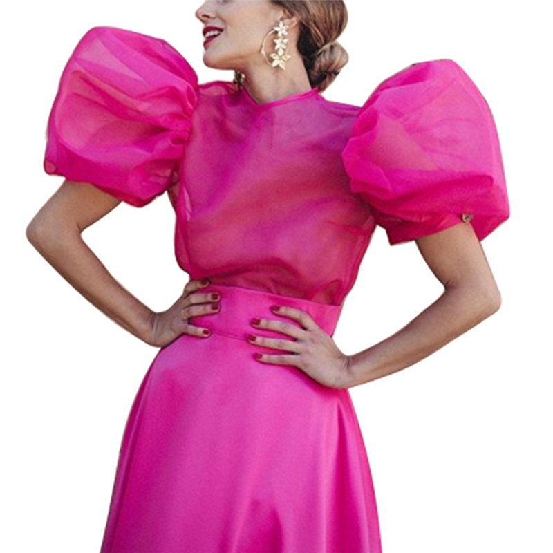 

Women Mesh Sheer Puff Sleeve Shirt Ruffle Short Sleeve Shirt Sexy See-through Blouse O Neck Perspective Top Blouse Female Blusas, As photo show