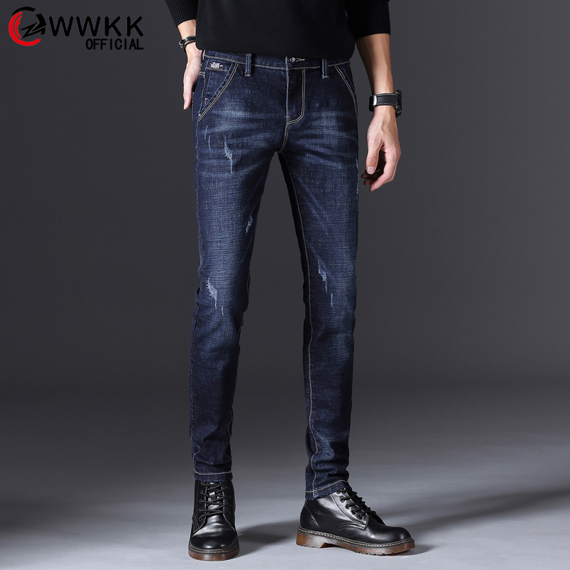 

WWKK brand men's straight jeans 2020 new summer business work casual stretch slim jeans classic pants blue long Large size