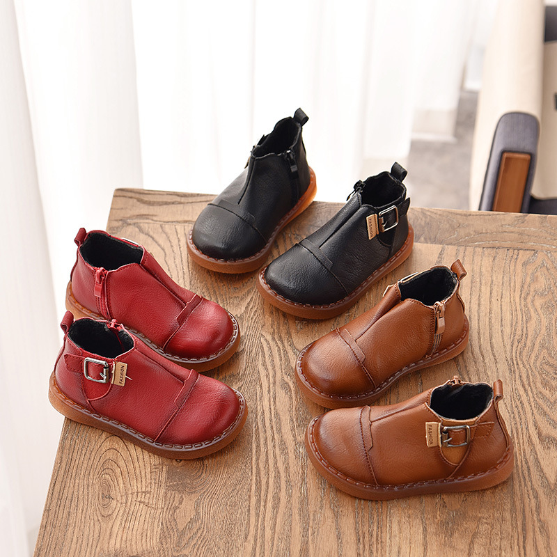 

New children retro boots plus velvet girls boys waterproof Martin boots princess cotton shoes quality leather fashion buckle, Brown