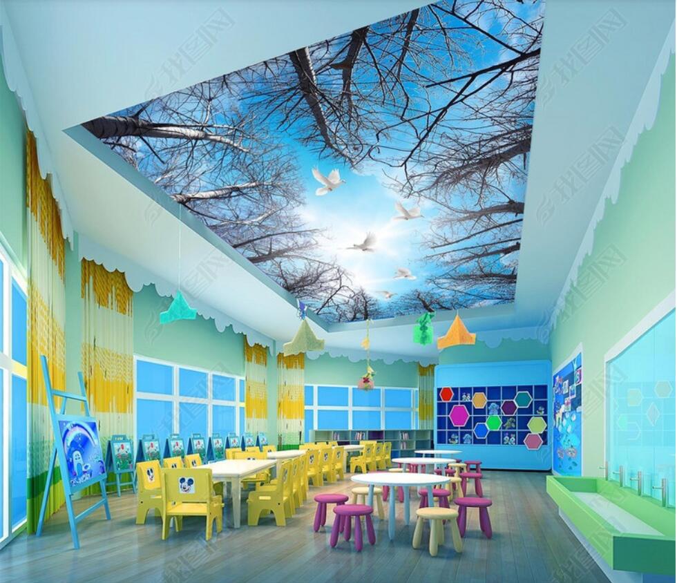 

3d ceiling murals wallpaper custom photo non-woven mural HD dry tree art blue sky forest white clouds ceiling zenith painting background, Green