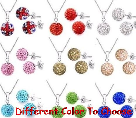 

10mm women men rhinestone mix ab clay pave bead 16inch Silver Plated snake chain Crystal crystal set earrings Necklace hg324, As pic