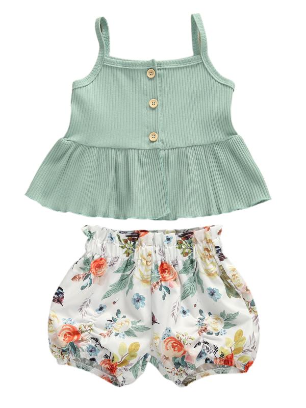 

Baby Girls Shorts Sleeveless Ruffle T-shirt Top Dress+Solid Pants Shorts Green Elastic Shirt Cotton 2pcs Set Summer
