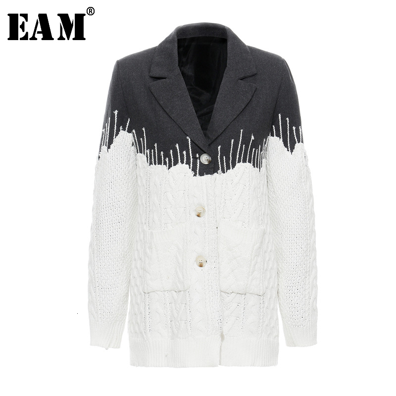 

EAM] Loose Fit Contrast Color Knitting Split Woolen Coat Parkas New Long Sleeve Women Fashion Tide Spring Autumn 2020 JZ248, Dark gray