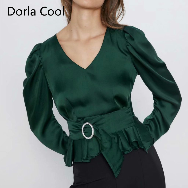 

Newest High Street European Women Satin Blouse Sexy V-neck Long Puff Sleeves Green Color Shirts Feminine Slim Sashes Tops Blusas
