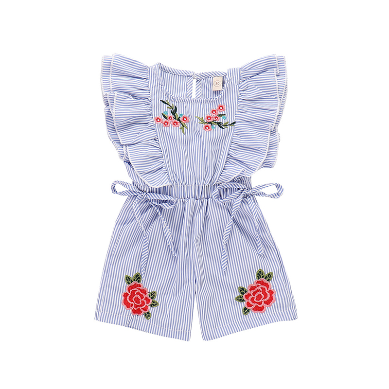 

Summer Baby Kids Girls Clothes Rose Embroidered Blue Striped Overalls Jumpsuits Children Sleeveless Clothing