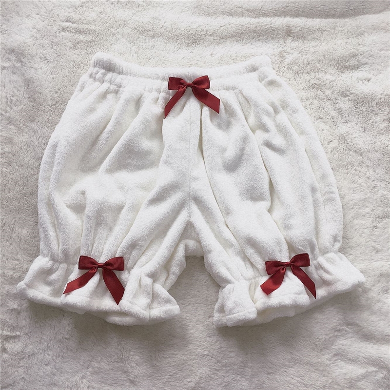 

Winter Cute Lolita Girls Soft Warm Velvet Shorts Sweet High Waist Women's Plush White Shorts Kawaii Bow Bloomers Flannel