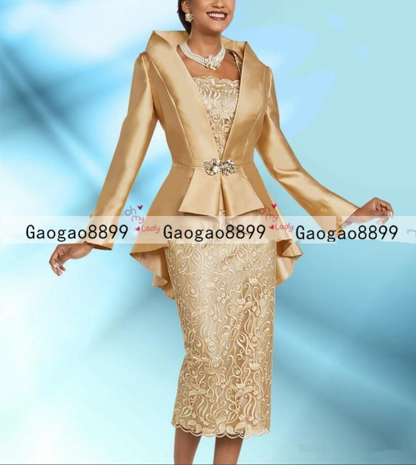 

Two Pieces Gold Mother Of The Bride Dresses With Jacket Elegant Tea Length Long Sleeve women Wedding Guest Dress Formal Evening Gowns
