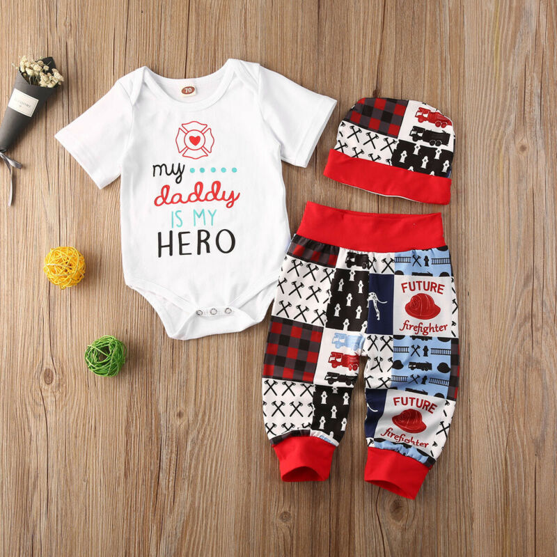 

3pcs Newborn Baby Boy Girl Romper Pants Hat Outfits Set Clothes Father's Day, As pic