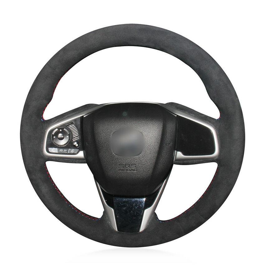 For Honda Civic 10 2016-2019 steering wheel cover black suede leather hand-sewn-image-545032395