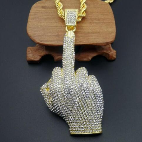

Hip Hop Men Gold color Full Rhinestone Big Middle Finger Pendants Necklaces with 30inch long Twist chain for mens jewelry GB1264