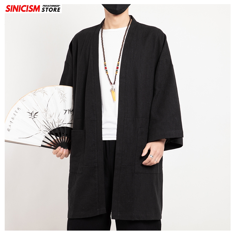 Sincism Store Chinese Style Solid Long Kimono Men Jackets 2020 Chinese Style Man Casual Open Stitch Jackets Oversize Clothes