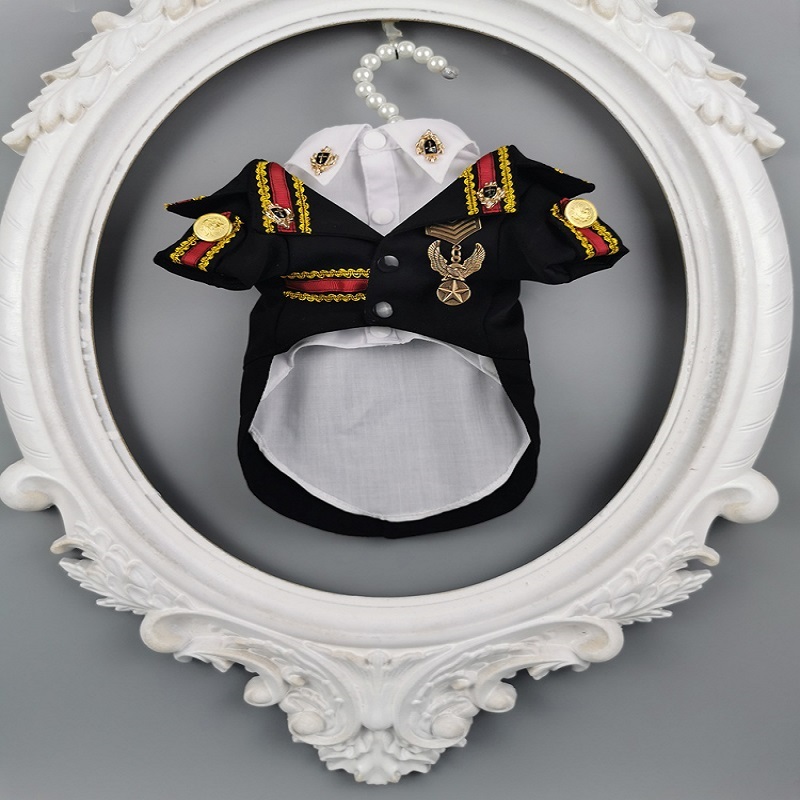 

Free shipping handmade dog clothes handsome dog suit with shirt two-piece pet wedding army uniform badge for poodle, Black