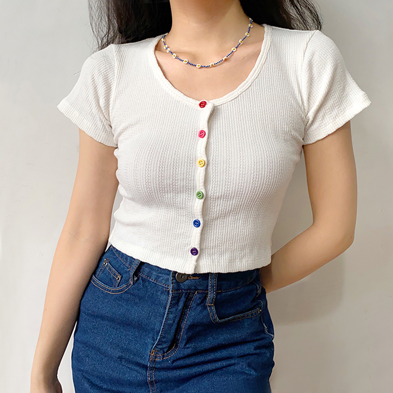 

Women Ribbed Short Sleeved Tee with Button Details Fitted Crop Top, Black