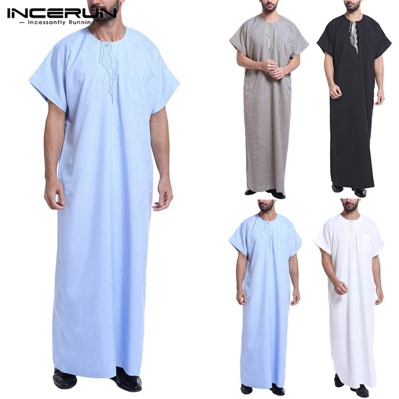 

INCERUN Men Muslim Islamic Kaftan Printed Short Sleeve Vintage Robes Loose Dubai Saudi Arabia Abaya O Neck Men Jubba Thobe S-5XL