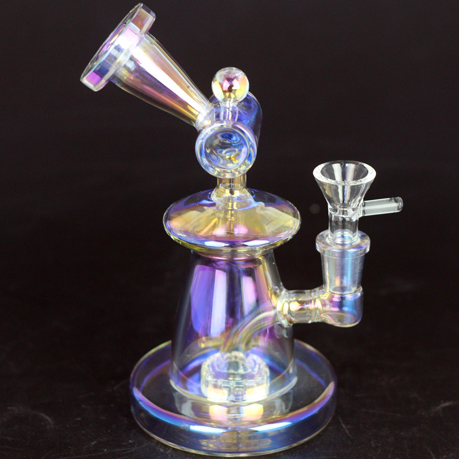 

Electroplating seven colors Glass bong with Coloured Ring Sidecar Water Pipes 14mm Joint Unique Bong With Bowl or Quartz Bange