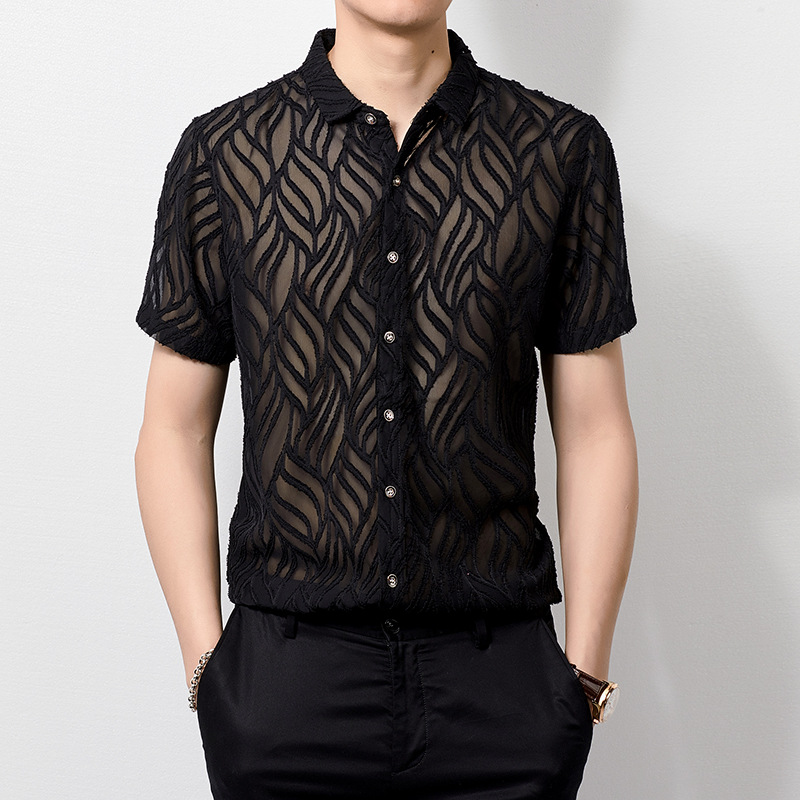 

Solid color business casual velvet high-end short sleeve shirt Summer New quality hollow breathable luxury thin men shirt -XXXL, As picture