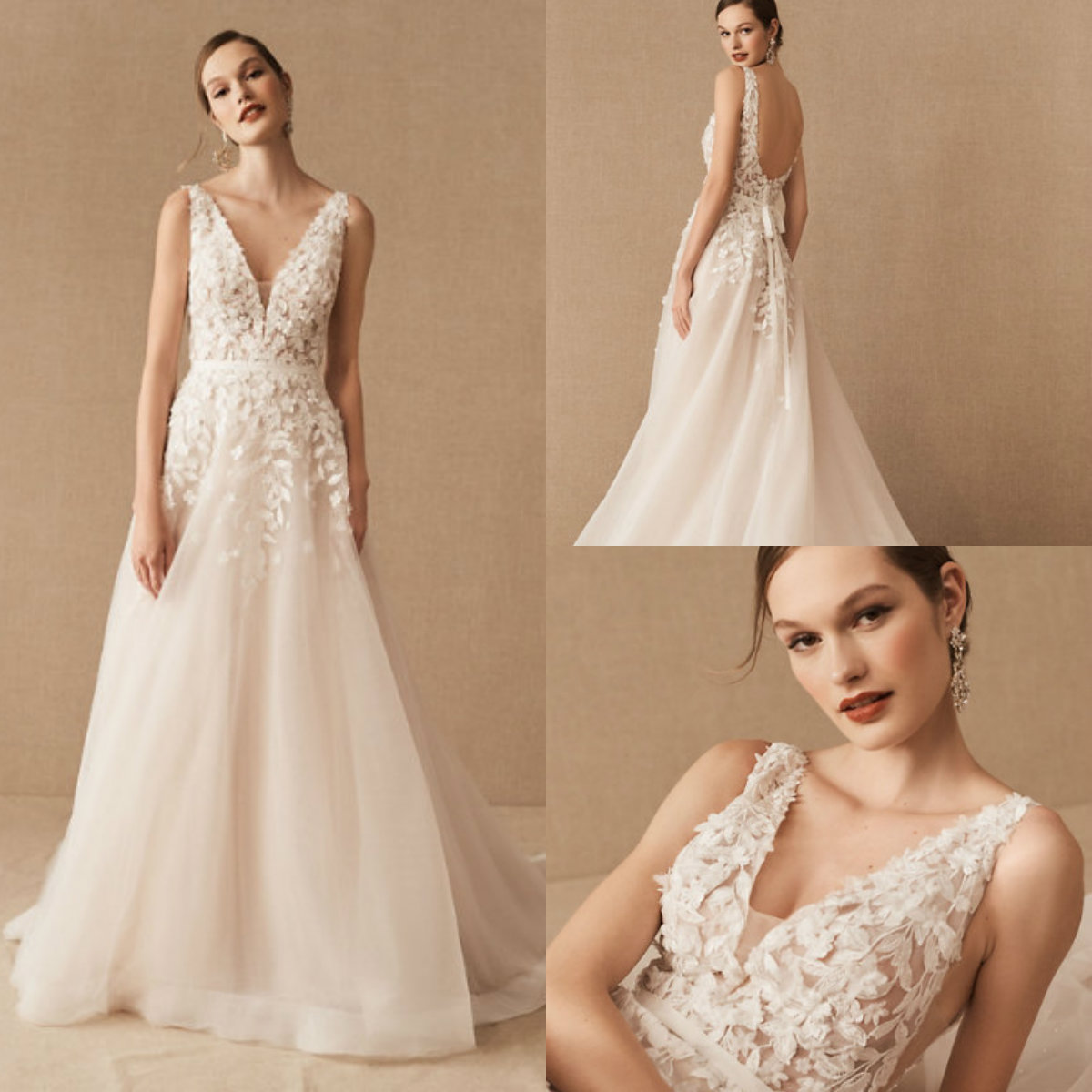 

2020 Bohemian BHLDN Wedding Dresses Deep V Neck Lace 3D Floral Appliques Country Bridal Dress Backless Boho Wedding Gowns, Dark green