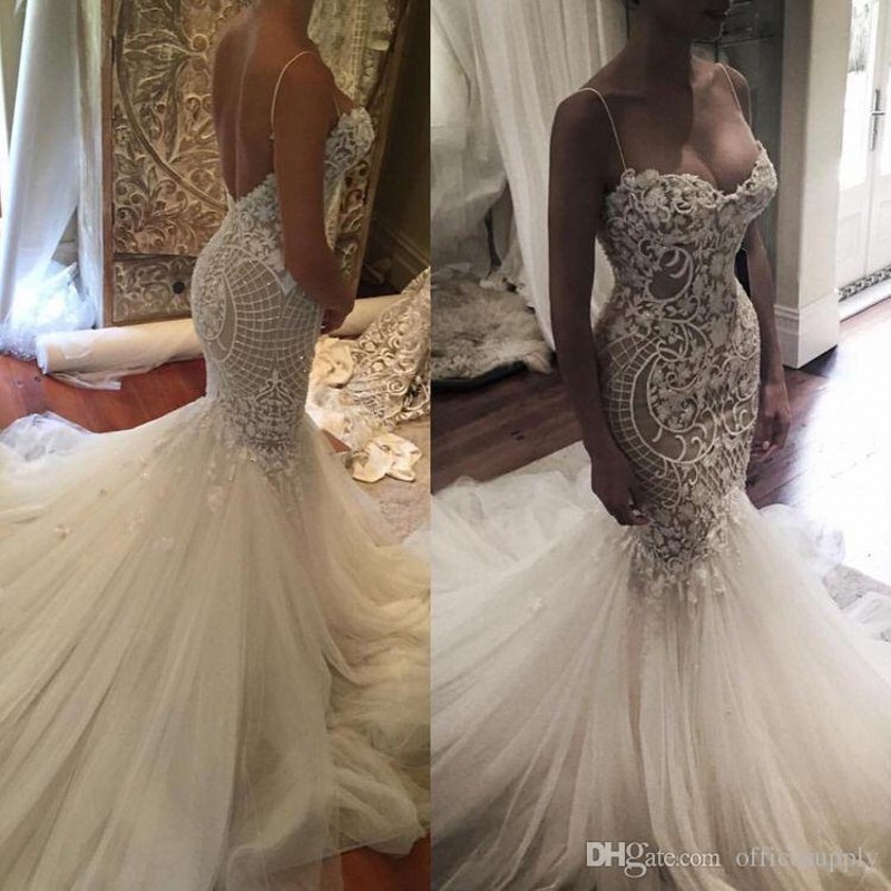 

2019 New Gorgeous Mermaid Wedding Dresses Saudi Arabic Sweetheart Lace Spaghetti Backless Bridal Gowns Vestios De Novia with Sweep Train, Ivory