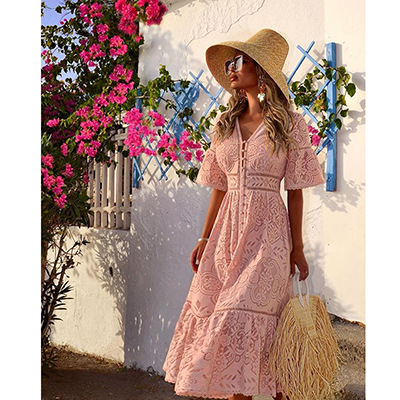 

2020 Summer Women' V-neck Short Sleeve Hook Flower Hollow Out Single Breasted Lace Dresses Female Elegant Work Dress, Pink