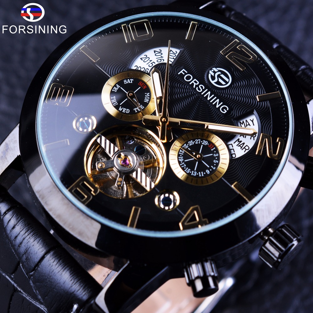

Forsining Multi Function Display Mens Automatic Mechanical Watches Top Brand Luxury Tourbillion Steampunk Black Golden Clock SLZc54, Black 1