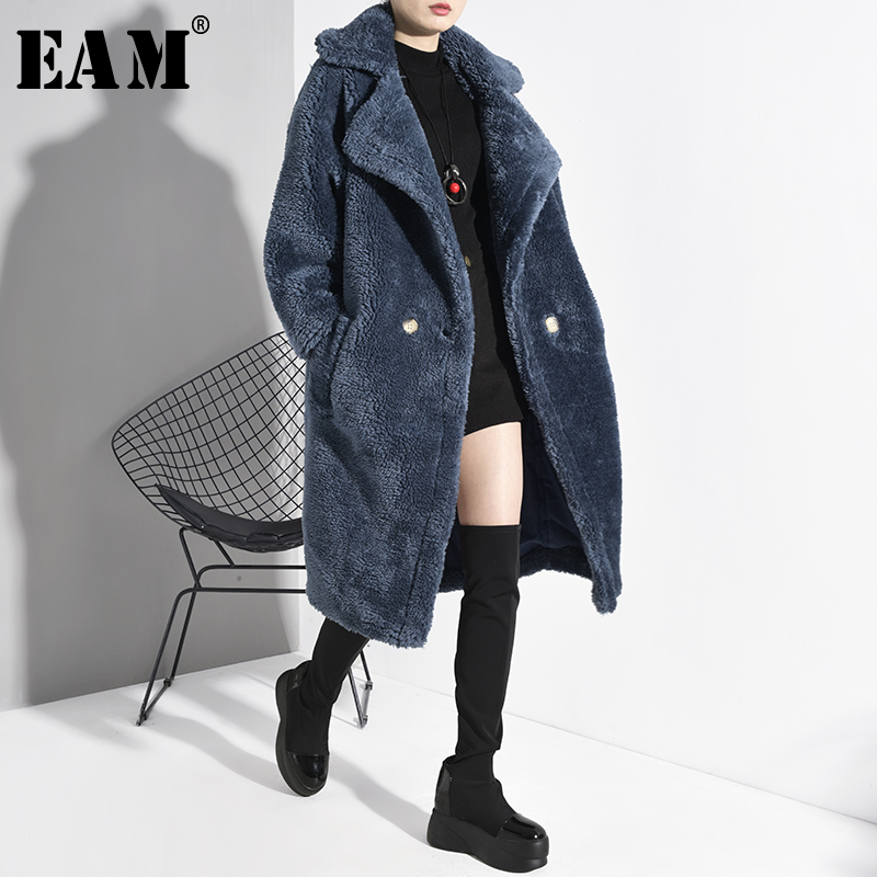 

EAM] Women Blue Split Lone Big Size Thick Trench New Lapel Long Sleeve Loose Fit Windbreaker Fashion Tide Spring 2020 1D50105