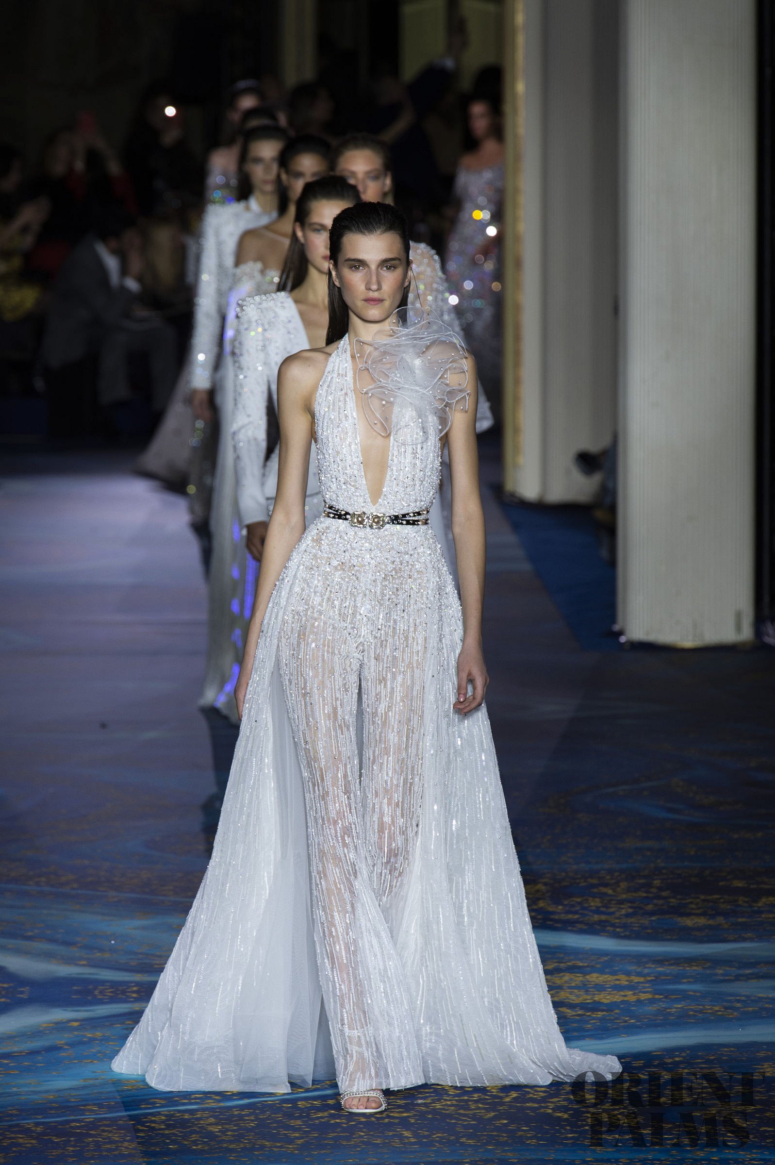 

Zuhair Murad White Prom Dresses Women Jumpsuit With Long Train Deep V Neck Lace Appliqued Evening Gowns Custom Made Formal Party Dress, Green