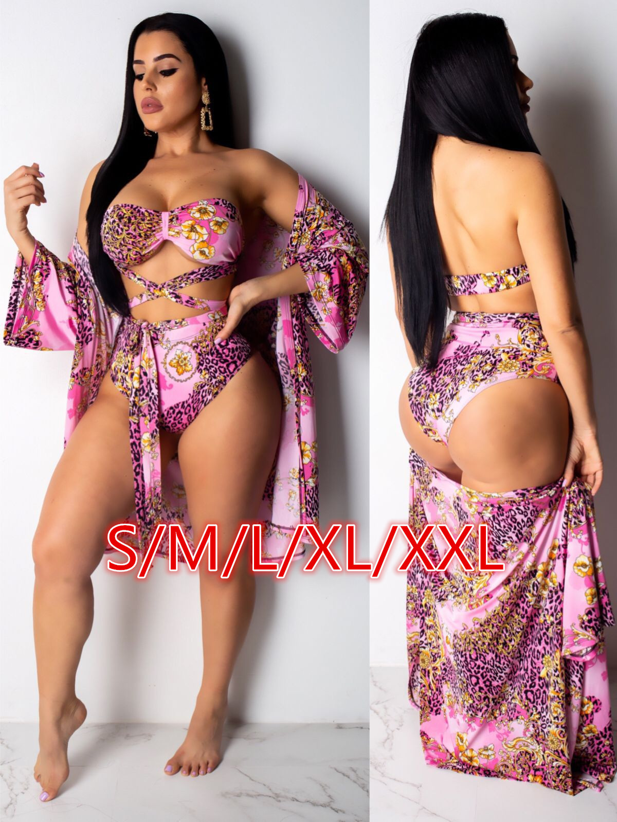 

factory selling summer printed sexy beach 3 piece set women bikini top and swim trunks and long sleeve outer -xxl size pink outfits