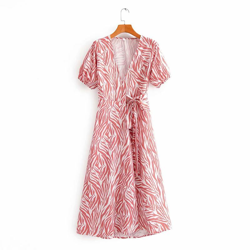 

2020 Spring Summer New European pink stripe Print zaraing women Dress vadiming sheining female dress vintage plus size S568, As pic
