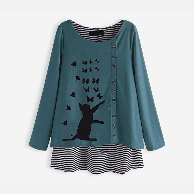 

2020 Spring Printed Striped Patchwork Shirts ZANZEA Vintage Cartoon Tunic Tops Women Casual Long Sleeve Cotton Blouse Chemise, Blue