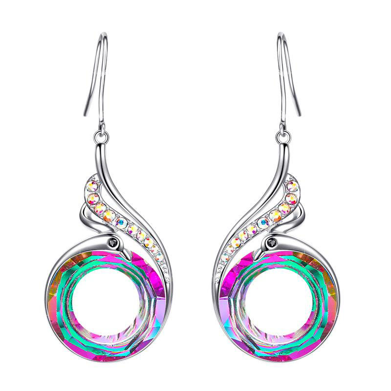 

Hot Selling 925 Silver Peacock Earring Womens Gradual Colorful Crystal Dangle Earring Fashion Animal Jewelry Wholesale