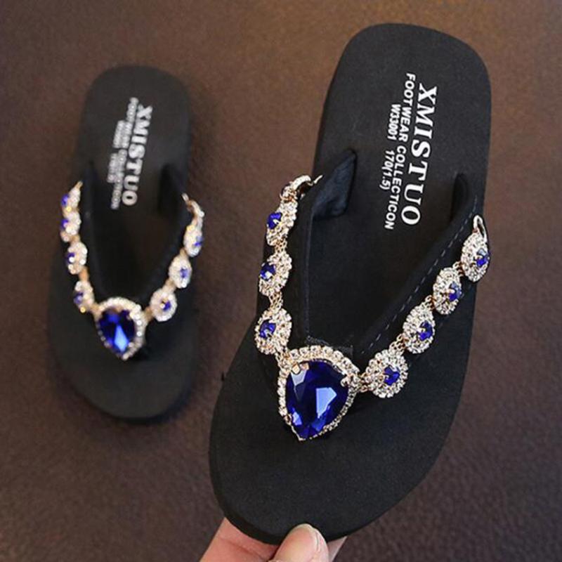 

2020 new summer Children casual flat sandals diamond beach slippers Parent-child home flip flop Princess cute slippers sh258, Black