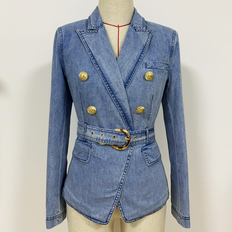 

England Styles 2020 Classic Double Breasted Design Woman Denim Jackets Elegant Shawl Collar Slim with Belt Coats Ladies, As pic