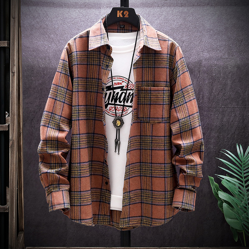 

Men's Casual Shirts Men Plaid Shirt Camisas Social 2021 Autumn Fashion Long-sleeved Male Button Down Check, Brown