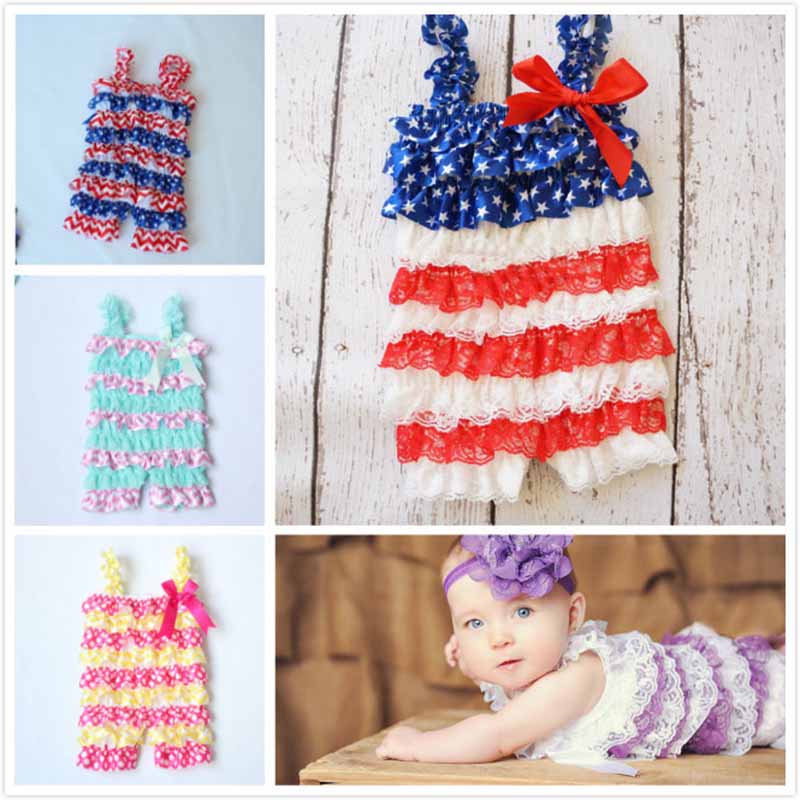 

Baby Rompers Independence Day Lace Satin Summer Baby Jumpsuits One-piece Garment Stars Stripes Sleeveless Sweater 0-3T