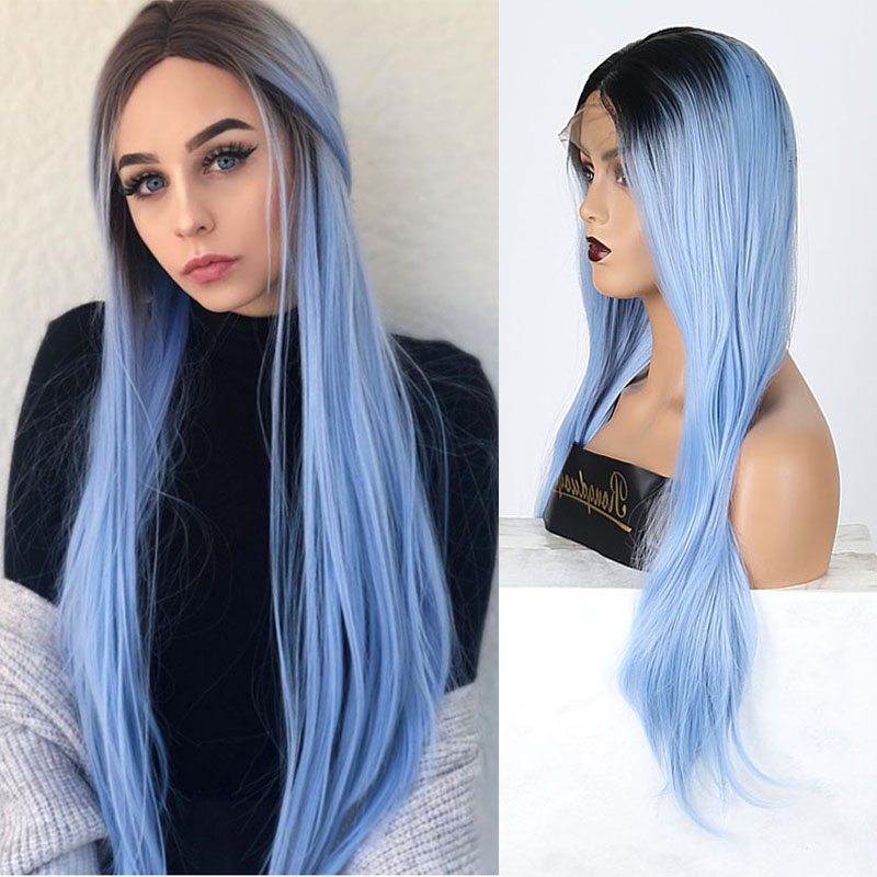 

RONGDUOYI Cosplay Wigs for Women Natural Hairline Straight Hair Synthetic Lace Front Wig Ombre Blue Fiber Hair Two Tone Wigs, As pic