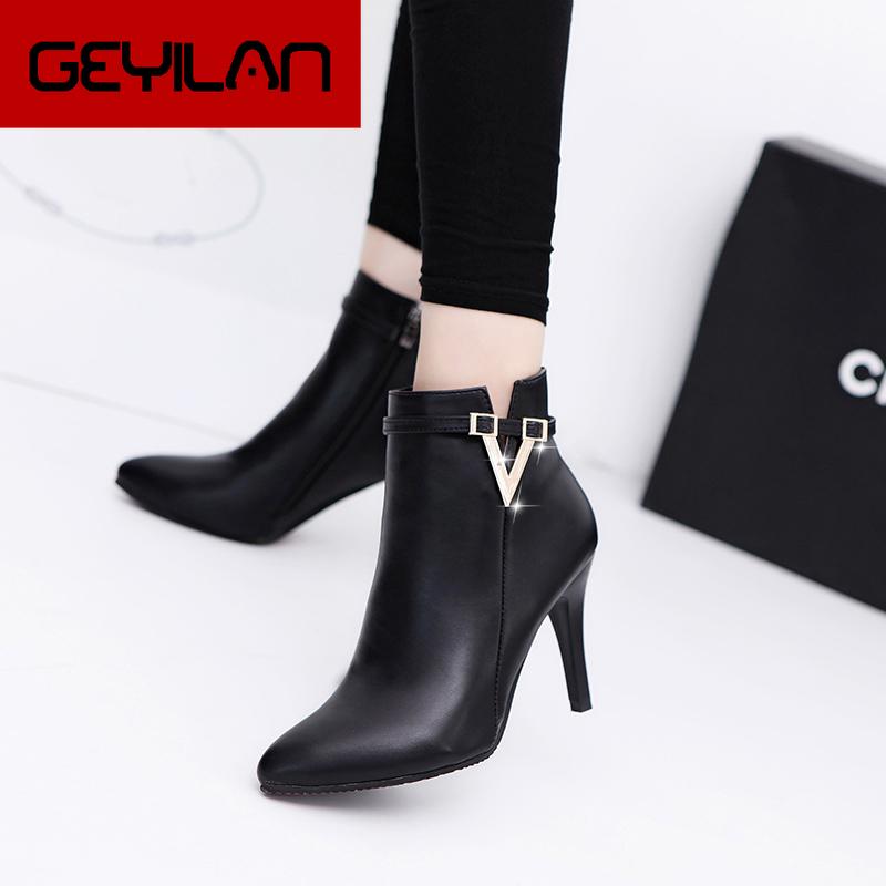 

2020 Spring Autumn Stiletto Thin High Heels Pointed Toe Faux Leather Zipper Style Sexy Ankle Womens Boots Bota Feminina, Black pu