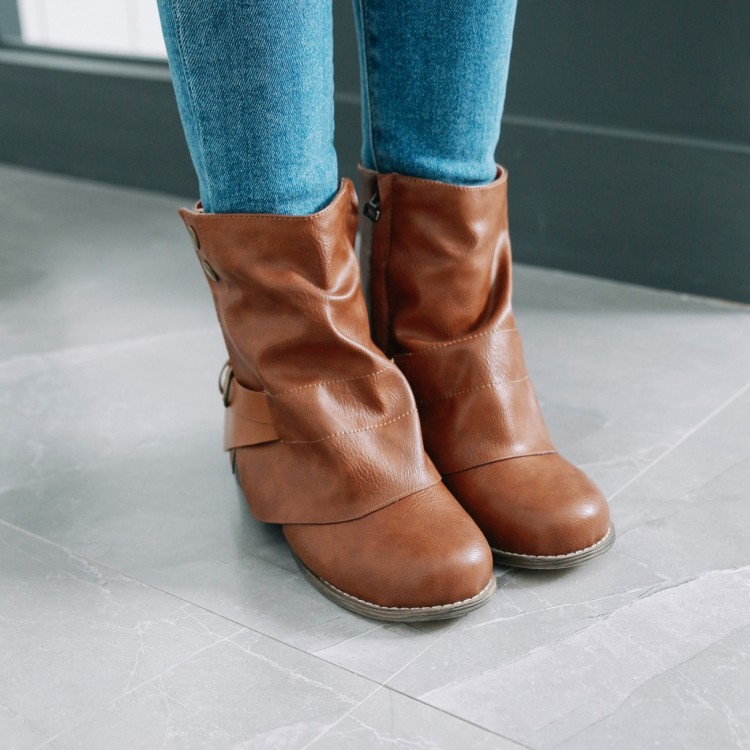 

Oversized Ma'am Low-heel Short boots Blue Patchwork round head Boot barrel High heel boots, Black