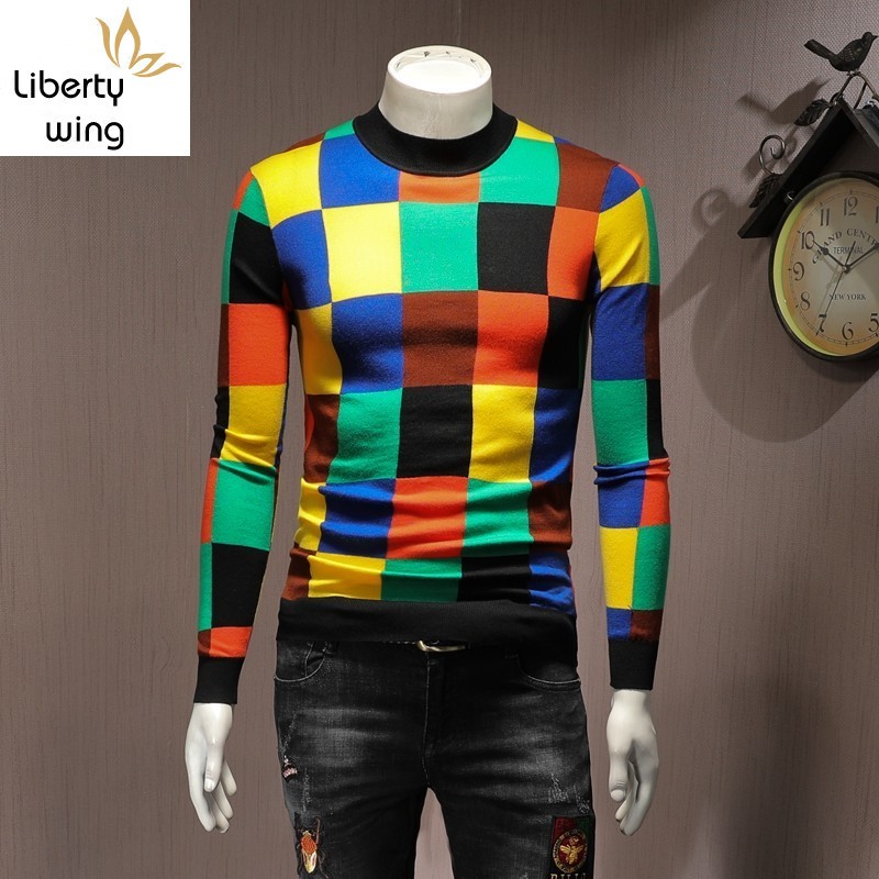 

Fashion Casual Long Sleeve Mens Plaid Mixed Colors Sweaters Autumn O-Neck Slim Fit Male Knitting Pullovers Plus Size Streetwear, As picture